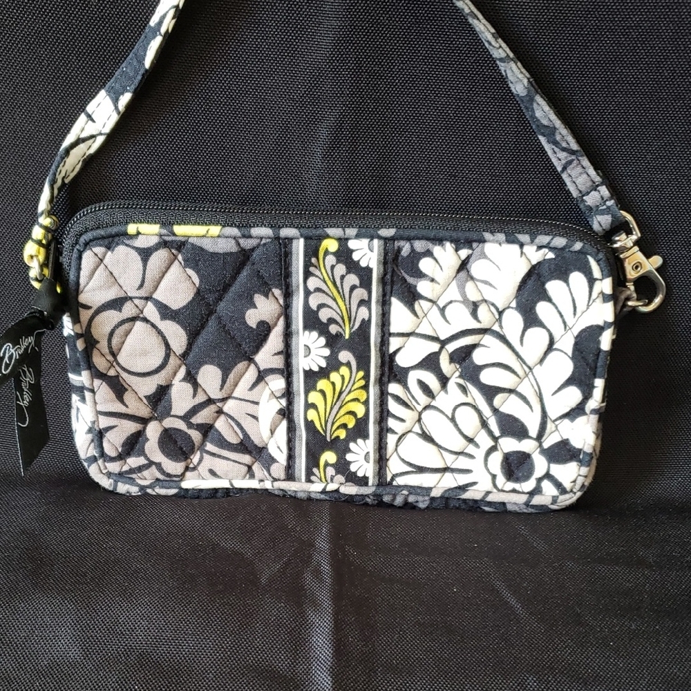 Vera Bradley Black Quilted Floral Wristlet with Yellow Accents